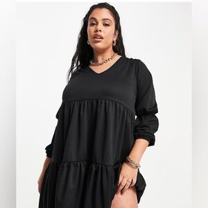 Yours tiered midi dress with puff sleeves in black